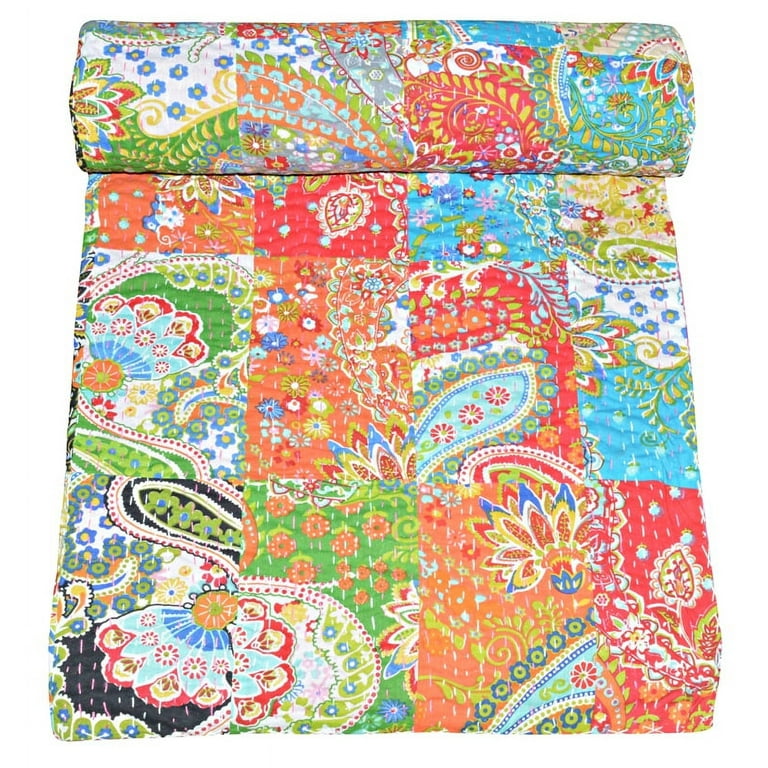Orange Paisley Hand Block Printed Cotton Kantha Throw - Double bed Size Orange Paisley Hand Block Printed Cotton Kantha Throw - Double bed Size