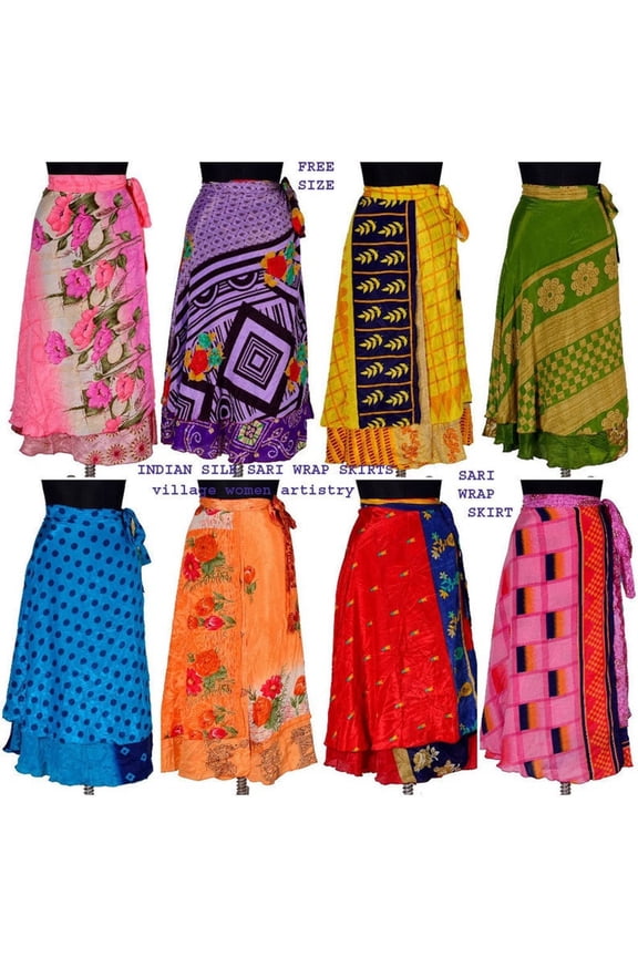 Indian Vintage Long Silk Sari Wrap Skirts Women Magic Boho Reversible Dress Hippie Recycled Bohemian Gypsy Skirts 10 PC