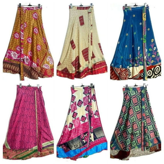 Indian Vintage Long Silk Sari Wrap Skirts Women Magic Boho Reversible Dress Hippie Recycled Bohemian Gypsy Skirts 5 PC