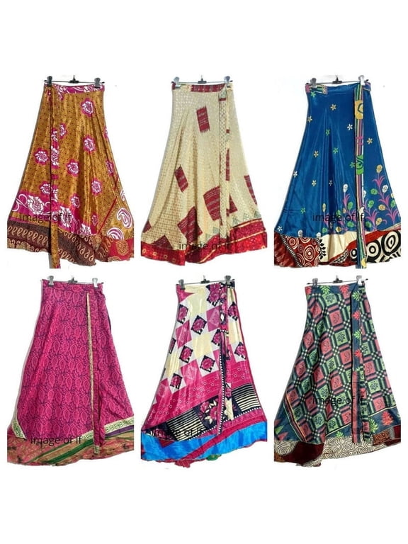 Indian Vintage Long Silk Sari Wrap Skirts Women Magic Boho Reversible Dress Hippie Recycled Bohemian Gypsy Skirts 5 PC