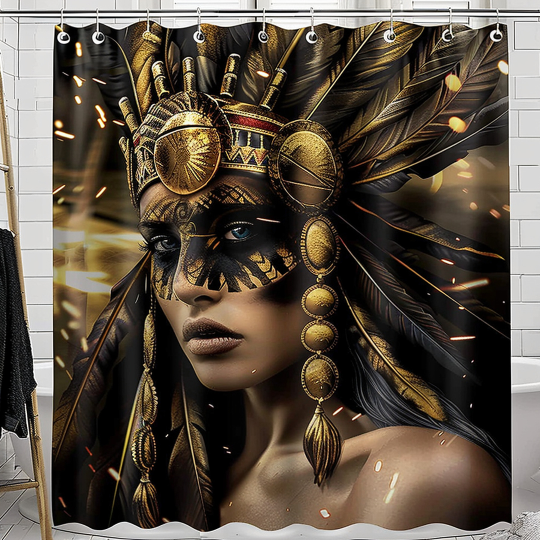 Indian Warrior Woman Shower Curtain Gold and Black Face Paint Feathered ...