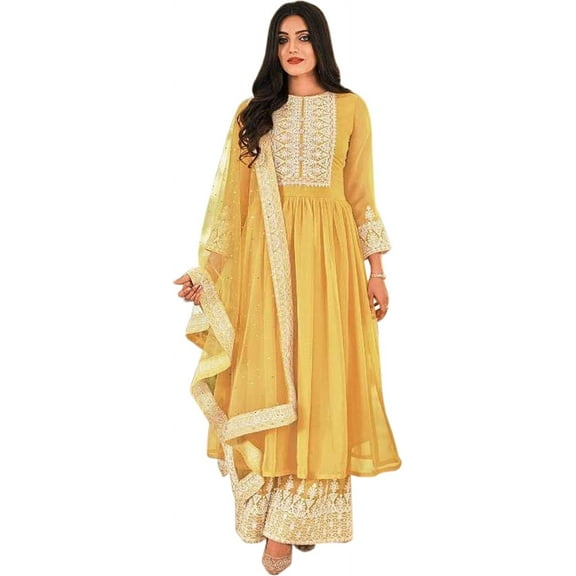 Indian Wedding Reception Wear Plazzo Dresses Pakistani Designer Salwar Kameez Suits ( Yellow, L - 42 )
