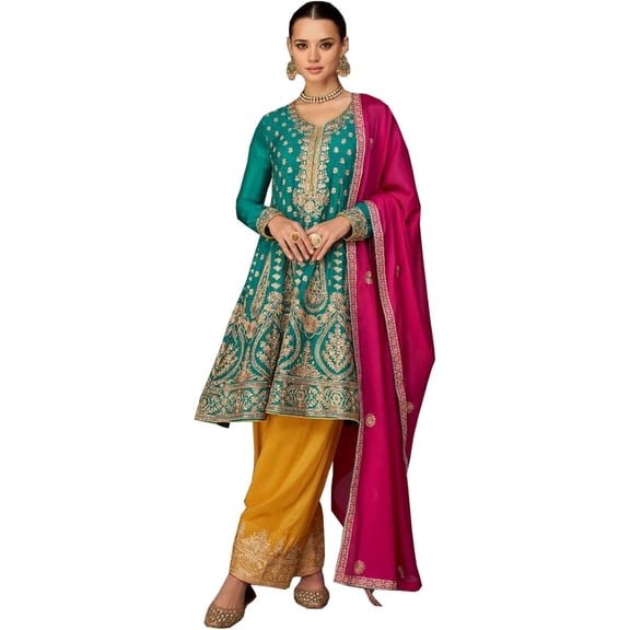 Indian Wedding Wear Anarkali Pant Suits Pakistani Designer Salwar Kameez Suits ( Sky Blue, 5XL - 52 )