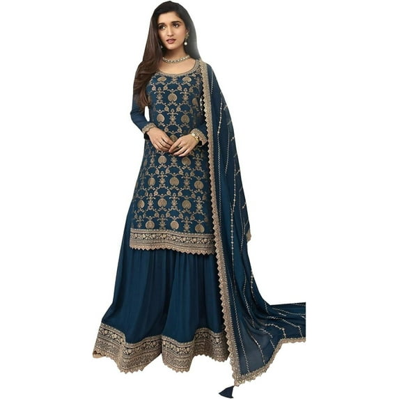 Indian Wedding Wear Swen Shalwar Kameez Suits Pakistani Designer Palazzo Outfits ( Blue, 3XL - 48 )