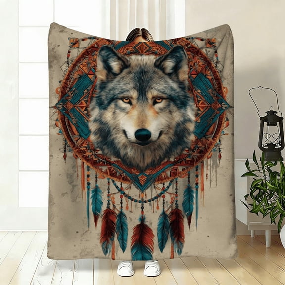 Indian Wolf Print Throw, Lightweight Warm Blanket for Travel Camping Couch, Fun Nature Decor, Versatile Present