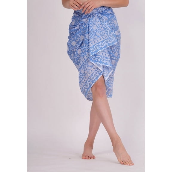 Indian Woman Cotton Pareo Sarong Hippie Hand Block Print Swim Bikini Cover Up Blue Floral