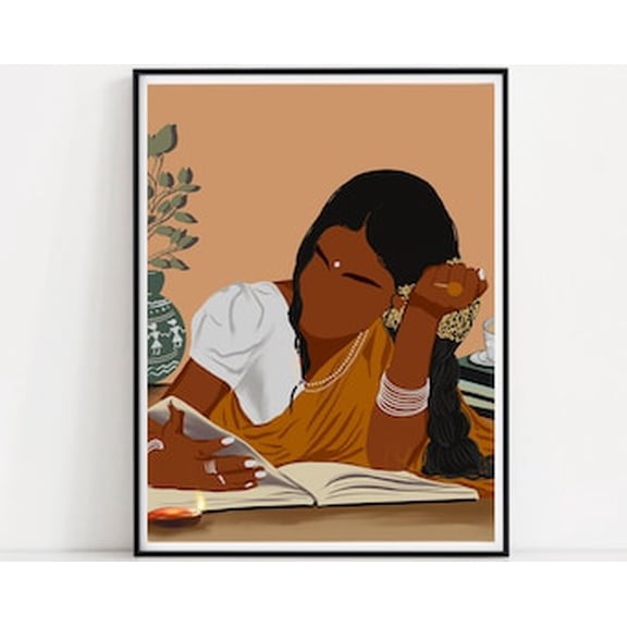 Indian Women In Saree Reading Book Boho Desi Art Illustartion Poster Poster I Indian Book Lovers Wall Decor I Indian Home Decor , Poster Print Only