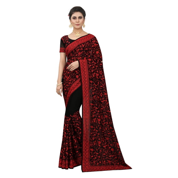 Indian Women's Party wear Black Embroidered Saree with Unstitched
