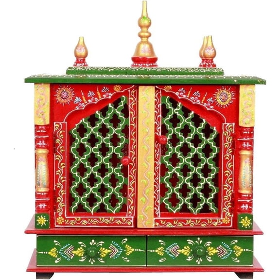 Indian Wooden Temple Pooja Ghar Mandir Wall Decor Diwali Window Puja Mantap Beauty Flowers Handmade Art Color Maroon And Green