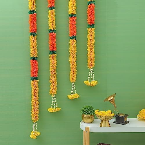 Indian Yellow Orange Artificial Garlands for Indian Wedding Decorations, Solawood Flower Garland Backdrop, Diwali Mehndi Haldi Decorations | 5.5ft (Pack of 2)$$Home Decor, Kitchen, & Other