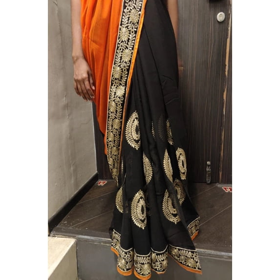 Indian beautiful georgette sari black orange and metallic gold