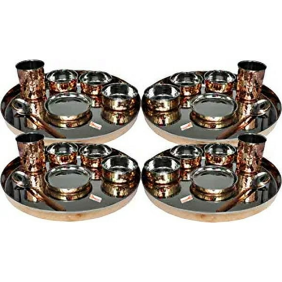 Indian dinnerware 25-Piece Set Stainless Steel Copper Traditional Dinner Set of thali Plate, Bowls, Tumbler and Spoon, Diameter 13 inch