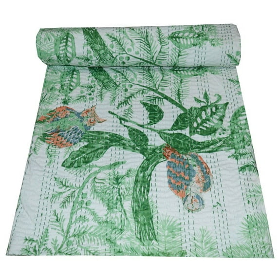 Indian handmade owl print Bedspread Bedding 100% Cotton Blanket Throw Double Size Boho Vintage Gudari