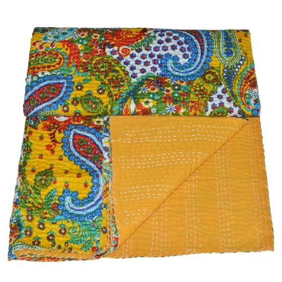 Indian kantha Quilt Vintage Gudari Bedspread Bedding Blanket Throw Bed Cover 100% Cotton Bohemian Double Size Yellow Paisley Print