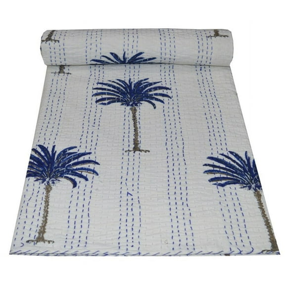 Indian kantha quilt queen size kantha bedspread kantha throw king size quilt hand block print quilt kantha bed cover bohemian quilt blue palm tree