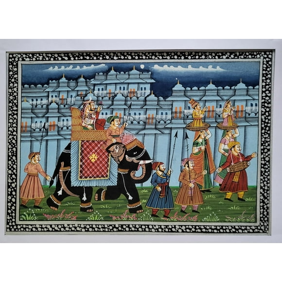 Indian miniature painting of royal elephants and horse on Fabric for Wall Decor | Vintage Wall Art Painting (Unframed) (6)