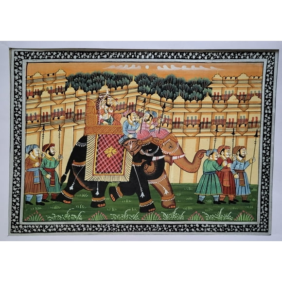 Indian miniature painting of royal elephants and horse on Fabric for Wall Decor | Vintage Wall Art Painting (Unframed) (8)