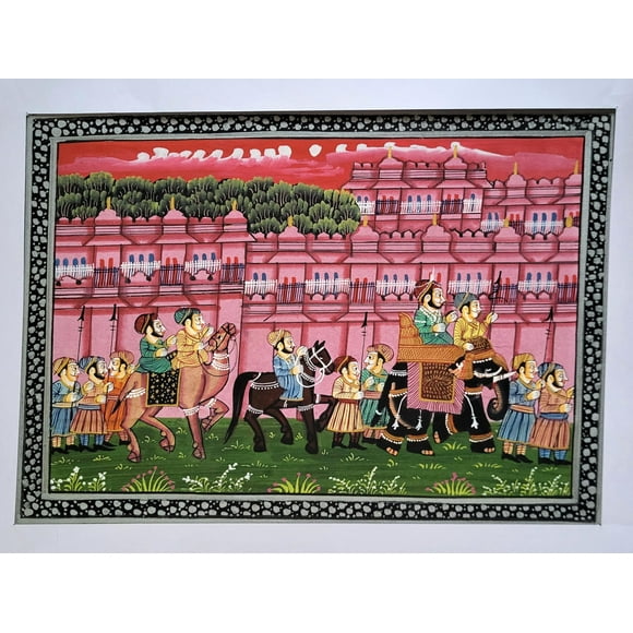 Indian miniature painting of royal elephants and horse on Fabric for Wall Decor | Vintage Wall Art Painting (Unframed) (9)