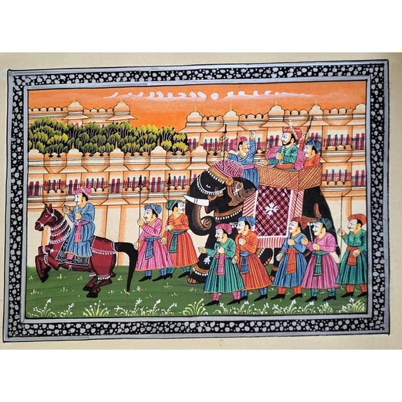 Indian miniature painting of royal elephants and horse on Fabric for Wall Decor | Vintage Wall Art Painting (Unframed)
