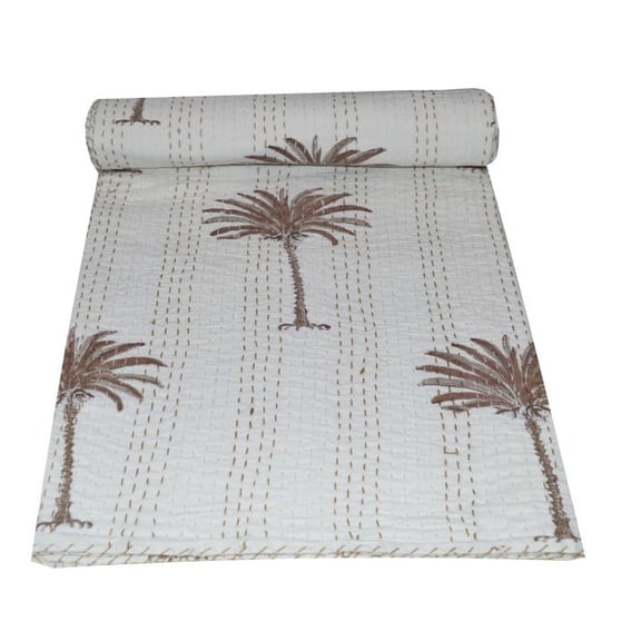 Indian palm tree cotton kantha quilt Bedding throw sofa coverlet bedspread single size Handmade vintage blanket, 60 X 90 Inches
