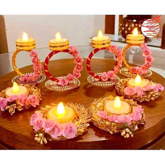 Indian store01 Artificial Flowers Tealight Candle Holder and Rangoli Mats, set of 8
