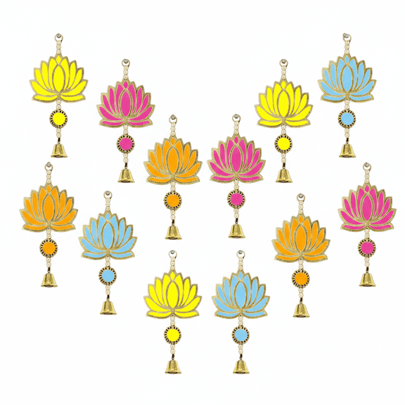 Indian store01 Multicolor Wood Lotus Wall Hangings (Set of 12), Traditional Pom-Pom Floral Decor for Pooja Room, Diwali and Ganpati Festival Backstage