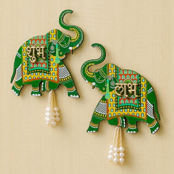 Indian store01 Wall Hanging, Set of 2, Elephant Shubh Labh Diwali Theme, Green color, 5.5 Inches