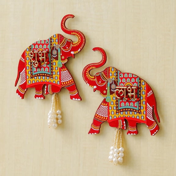 Indian store01 Wall Hanging, Set of 2, Elephant Shubh Labh Diwali Theme, Red color, 5.5 Inches