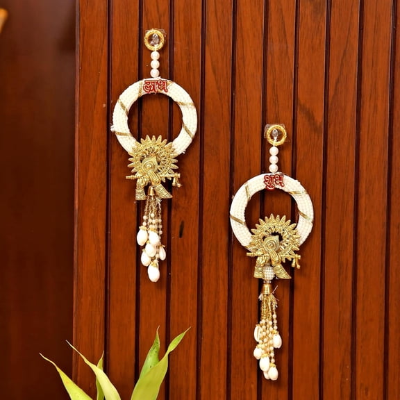 Indian Store01 10-inch White Beads Shubh Labh Door Hanging for Home Mandir and Festive Decor, Set of 2