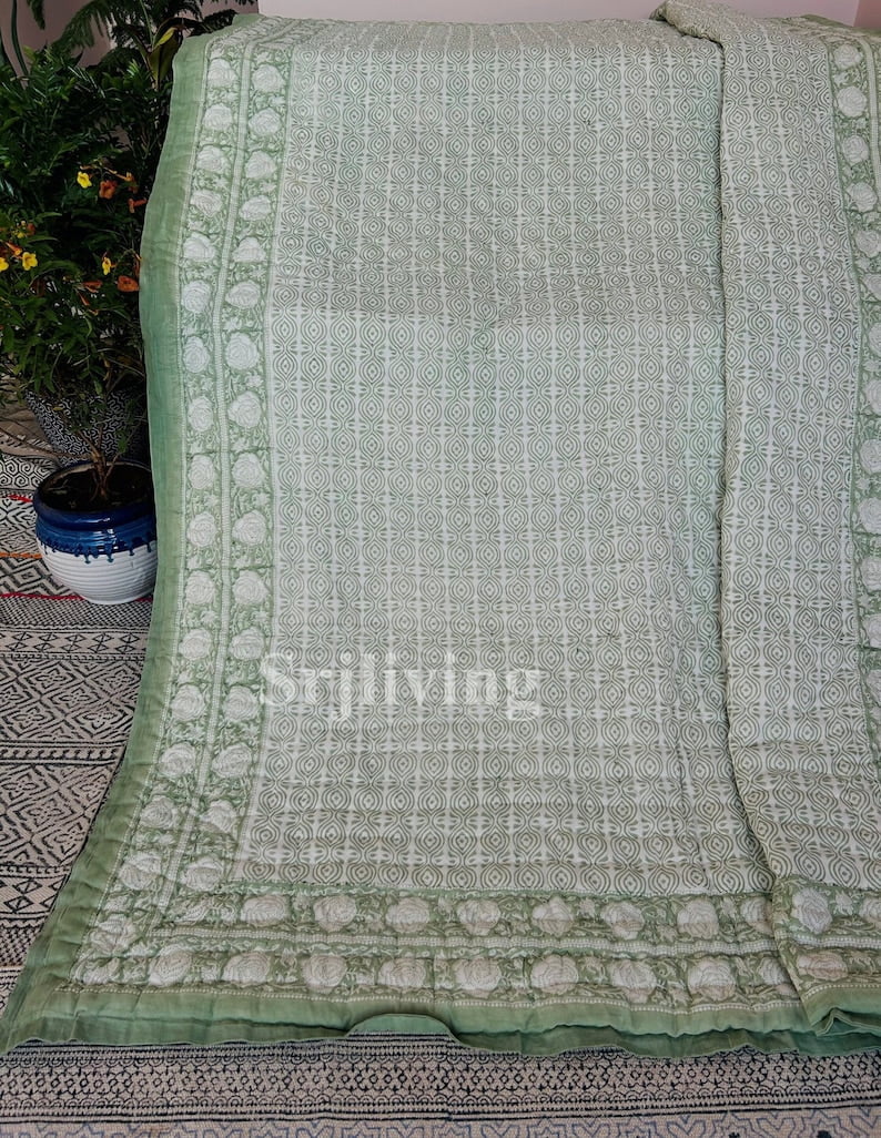 Jaipuri Block Printed Reversible Cotton Quilt Winter Warm Bedspreads Blanket