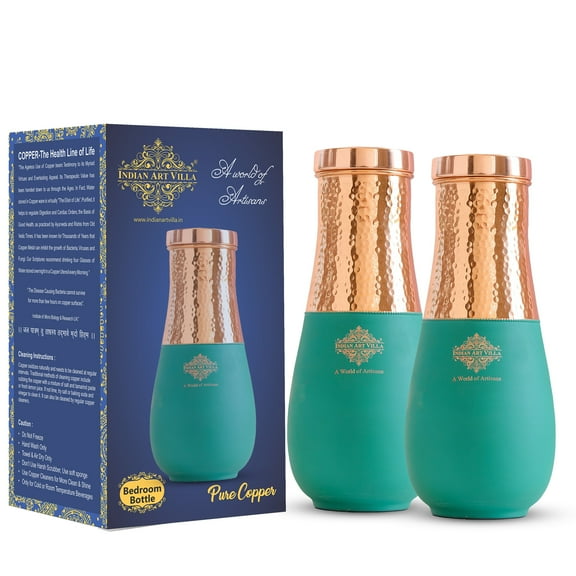IndianArtVilla Pure Copper Half Hammered and Green Silk Finish Vase Shape Bedroom Bottle, Volume 48 Oz, Pack Of - 2