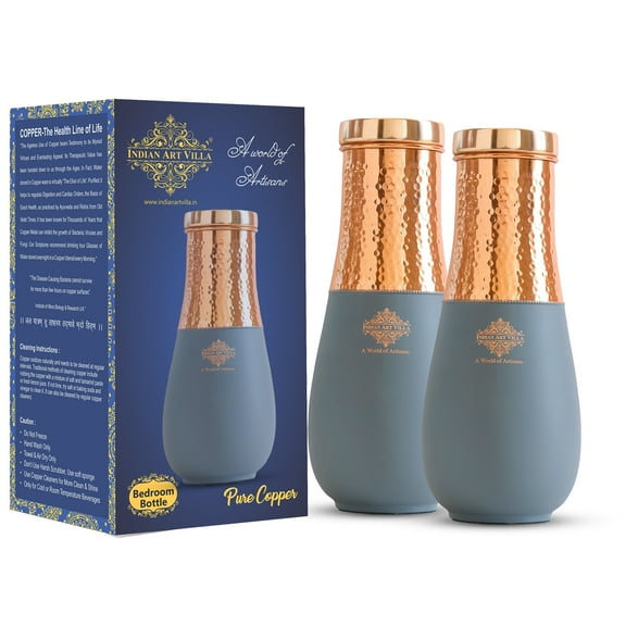 IndianArtVilla Pure Copper Half Hammered and Grey Silk Finish Vase Shape Bedroom Bottle, Volume 48 Oz, Pack Of - 2