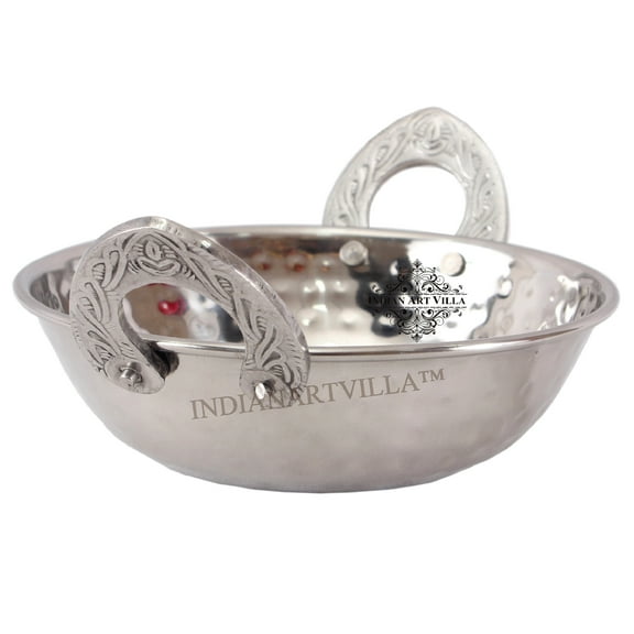 IndianArtVilla Stainless Steel Wok with Embossed Handle, Chic Tableware, 5.91"