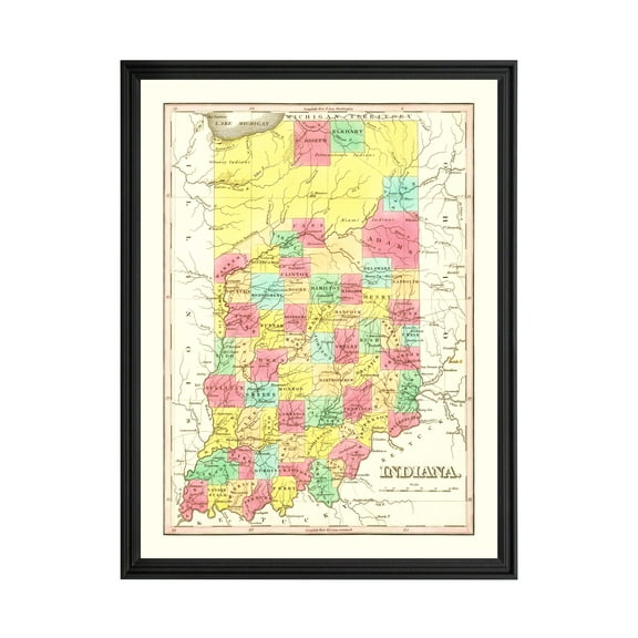 Indiana Art, 1831 Vintage Map of Indiana History Wall Decor Gift, Old Indiana Map - 18" x 24" Black Framed Print