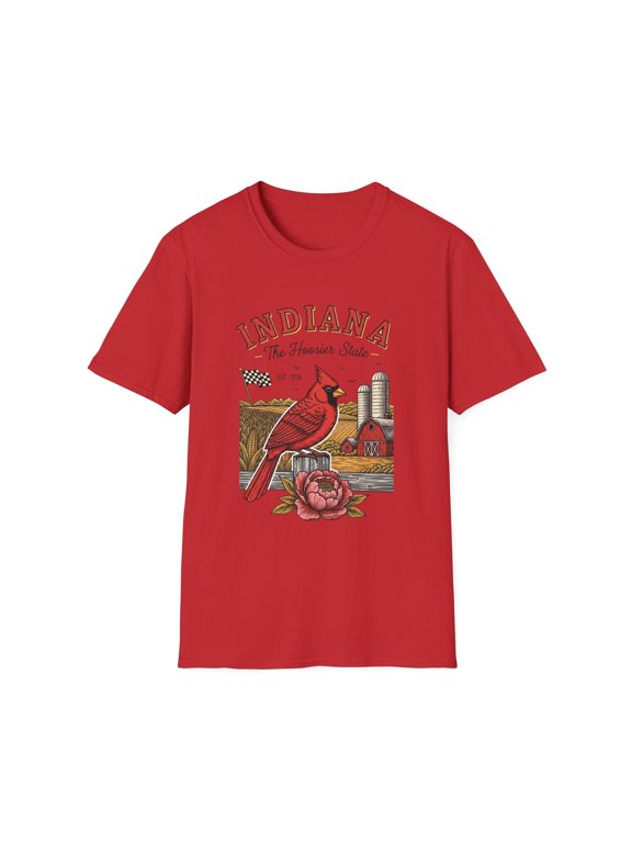 Indiana Cardinal Bird Farm Tee — Indiana The Hoosier State Graphic Travel Tourist Graphic Design Unisex 100 Cotton Gildan T-Shirt