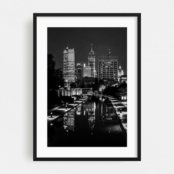 The Indiana Central Canal B&W - Indianapolis Indiana Photography Black and White City Skyline Architecture Nightlife Landscape Black Framed Wall Art Print 8 x 10 inches