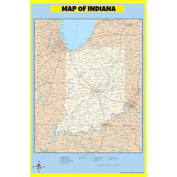 Indiana Map Poster - Laminated Wall Map - Style D - 36x60 - Ideal for Classrooms and Homes – Features Bright Colors and Vivid Imagery