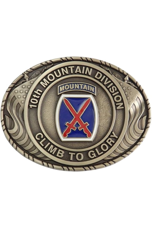 US Army 10th Mountain Division Double USA Flag Solid Brass Buckle with Belt. MADE IN USA