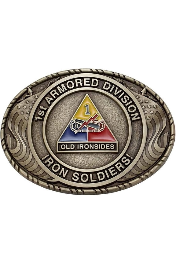 US Army 1st Armored Division Double USA Flag Solid Brass Buckle with Belt - MADE IN USA