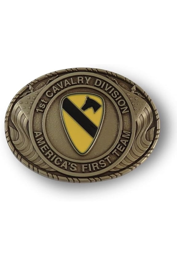 US Army 1st Cavalry Division Double USA Flag Solid Brass Buckle with Belt. MADE IN USA.