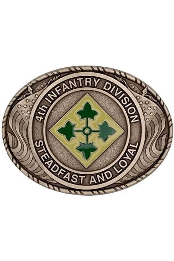 US Army 4th Infantry Division Double USA Flag Solid Brass Belt Buckle, Made in USA