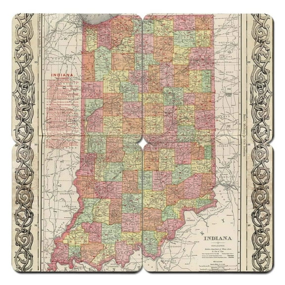 Torched Indiana Old World Map Coaster (Set of 4) Drink Beer Coaster 4x4 Multicolor