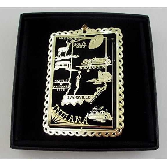 Indiana State Brass Ornament Black Leatherette Gift Box