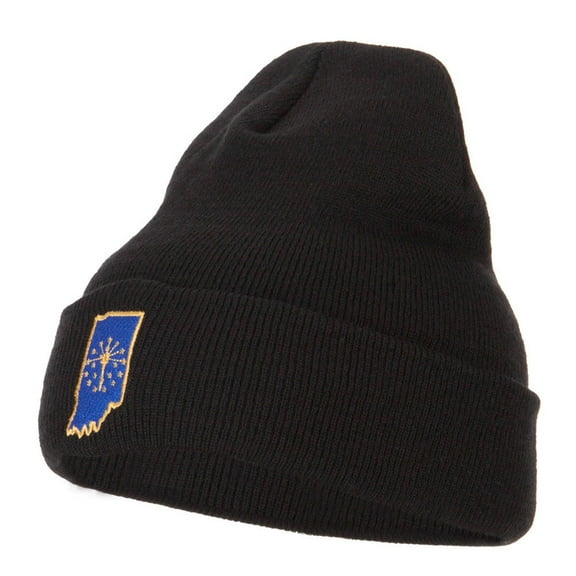 Indiana State Flag Map Embroidered Long Beanie - Black OSFM