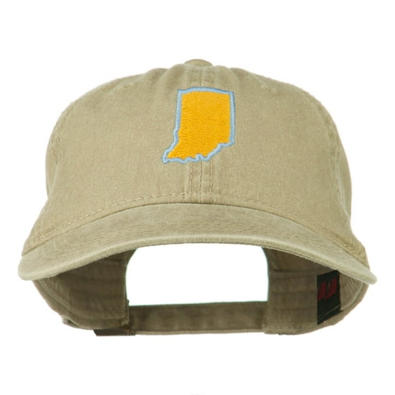 Indiana State Map Embroidered Washed Cotton Cap - Khaki OSFM