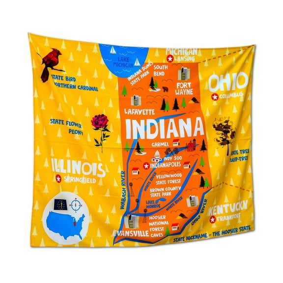 Birdy Boutique Indiana Map Tapestry – 60" x 46" Educational Wall Hanging for Kids – State Landmarks, Cities, & Fun Facts – Lightweight & Easy to Hang Classroom or Homeschool Decor