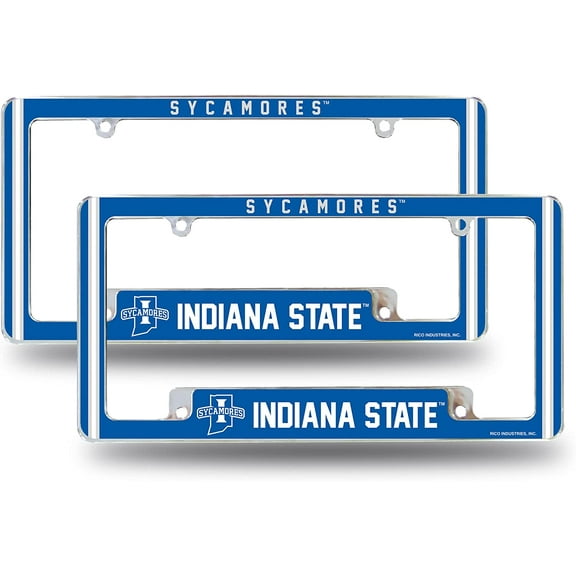 Indiana State NCAA Sycamores (Set of 2) Chrome Metal License Plate Frames with Bold Full Frame Design