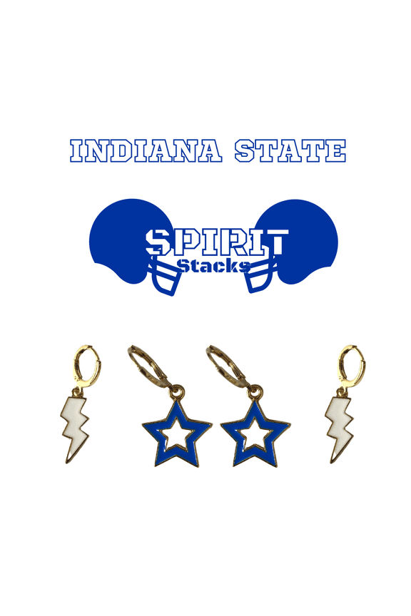 Indiana State University Spirit Stack white mini enamel bolts and cobalt statement open starboys