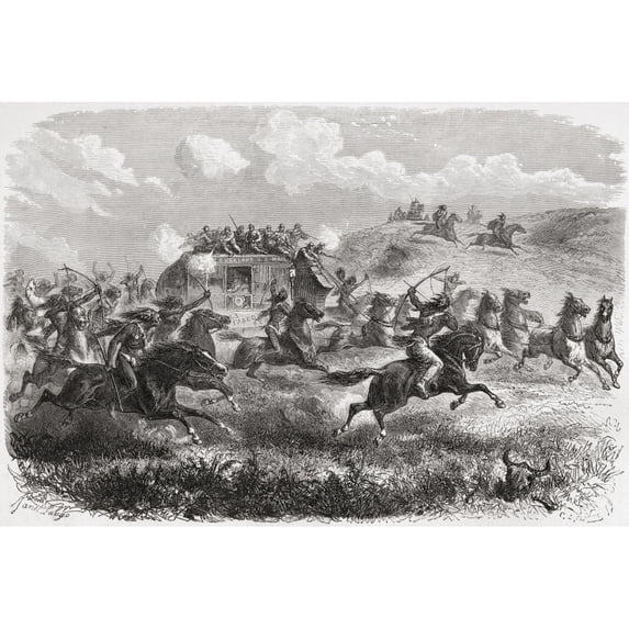Indians Attacking A Transcontinental Stagecoach In 1867. From El Mundo En La Mano Published 1878. Poster Print