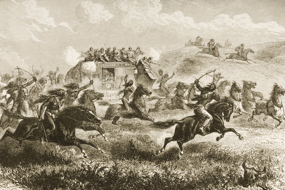 Indians Attacking Coach Carrying Us Mail Across Prairies In 1860S From American Pictures Drawn With Pen And Pencil By Rev Samuel Manning Circa 1880 Canvas Art - Ken Welsh Design Pics (34 x 22)